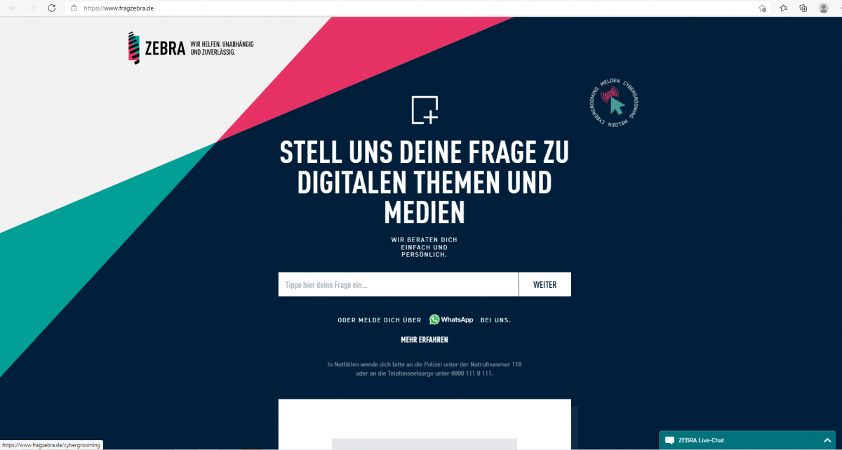 Cybergrooming: Meldestelle der Landesmedienanstalt NRW auf fragzebra.de